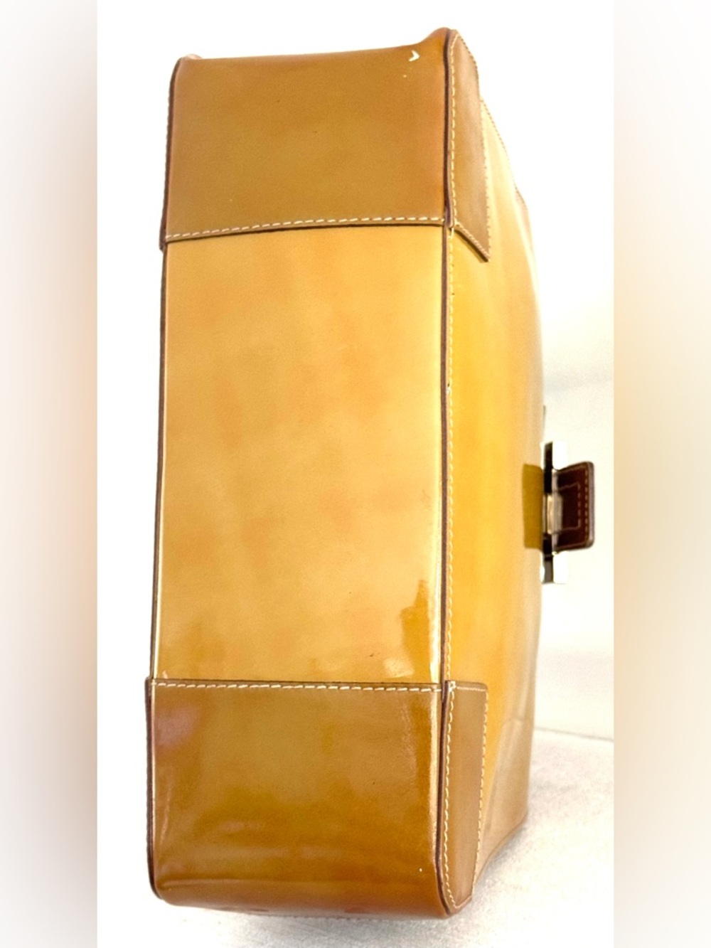 GUCCI Vintage Patent Leather G Logo Top Handle Bag Tote Gold Mustard Caramel - Picture 7 of 14